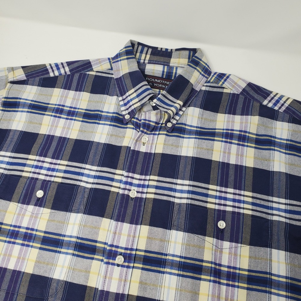 Roundtree & Yorke Shirt Mens L Plaid Blue White Yellow Button Down Pocket